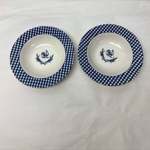 Stoney Hill Up Country blue ROOSTER Gingham  Soup Salad pasta bowls 8.5” set 2